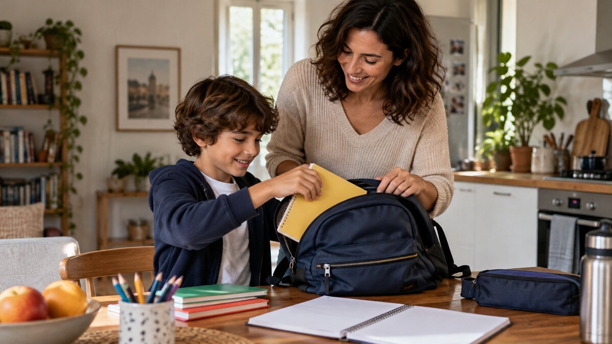 Un genitore e un bambino preparano il materiale per la scuola