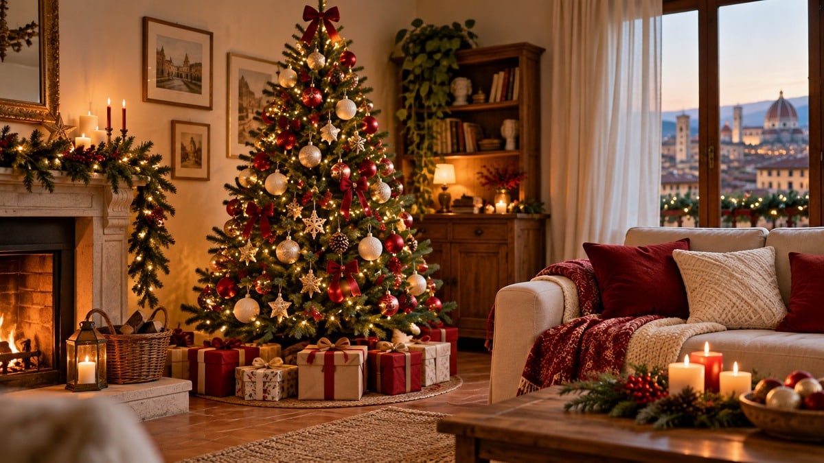 Albero natalizio rosso e crema in un soggiorno italiano raccolto