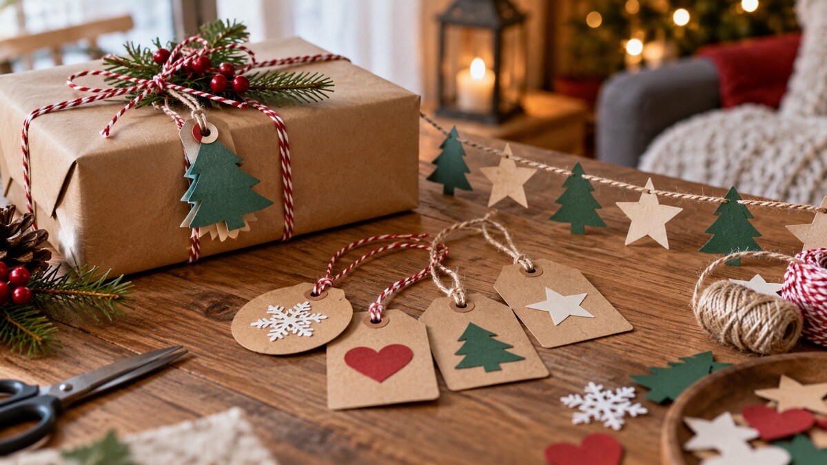 Etichette e piccole decorazioni recuperate accanto a un regalo