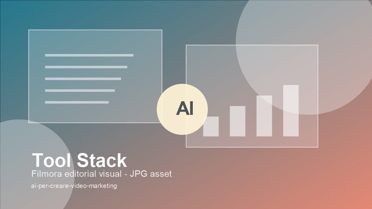 Stack di strumenti per video marketing AI con generatori, editor, sottotitoli e brand kit