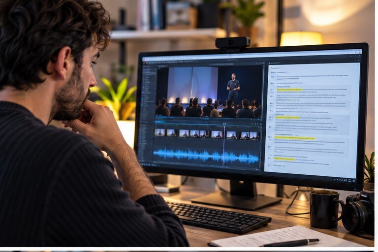 Editor che analizza un video lungo e individua momenti da trasformare in clip