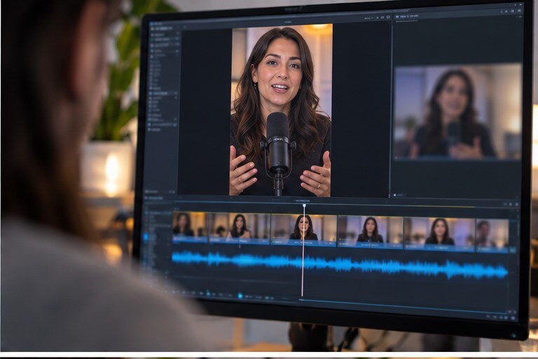 Podcast con speaker centrato e auto reframe in una timeline verticale