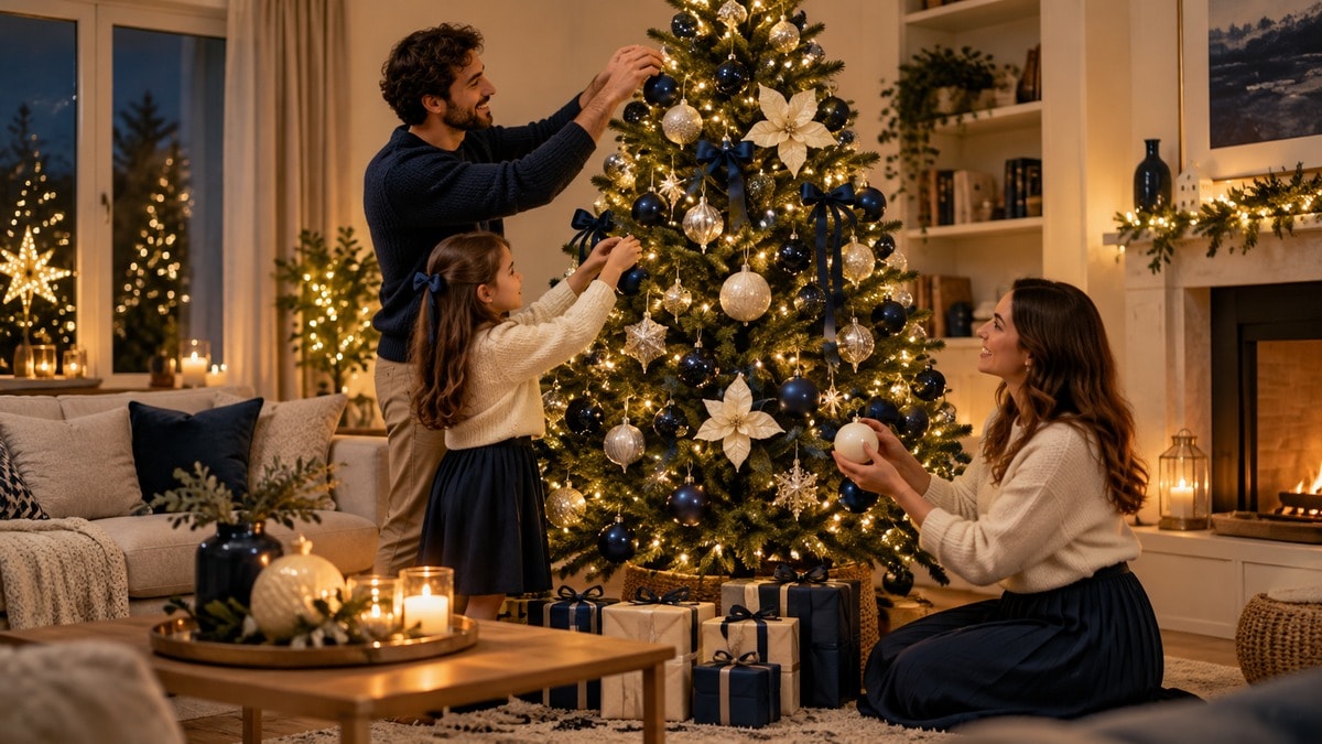 Albero elegante con decorazioni blu notte e avorio in un soggiorno contemporaneo