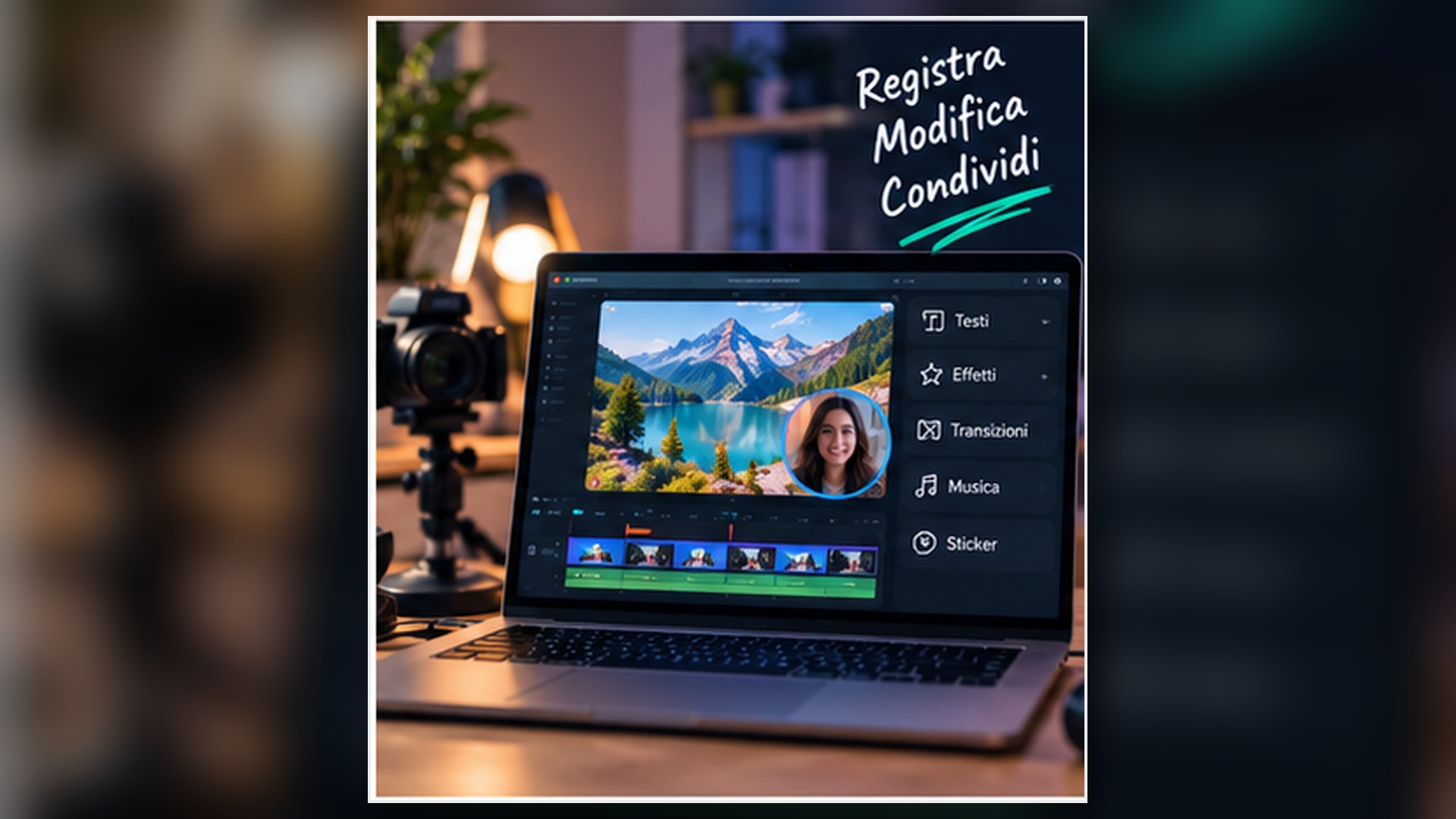 Workflow di registrazione schermo con webcam e montaggio completo dopo la registrazione