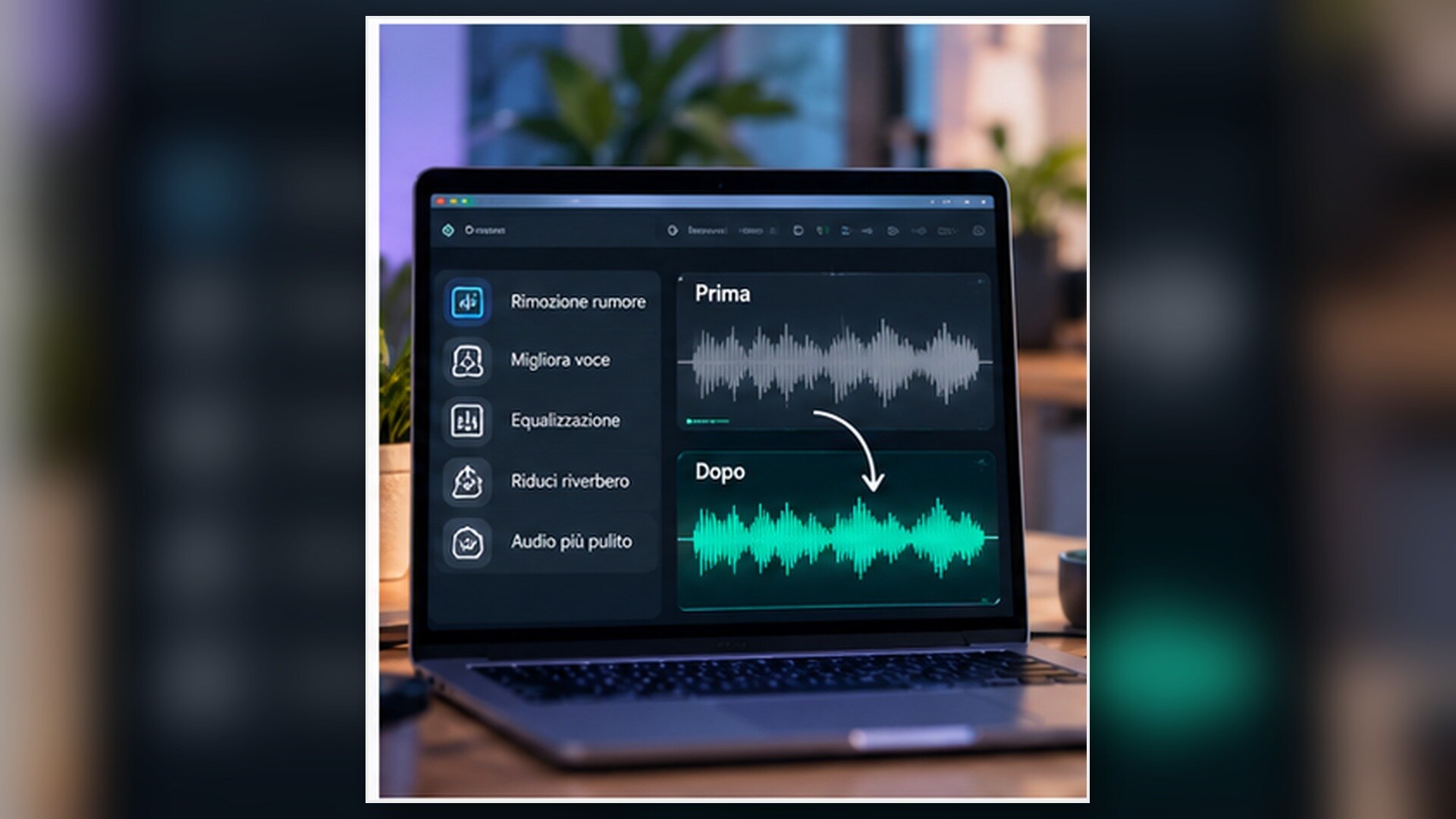 Pulizia audio di una voce registrata con rumore di fondo e riverbero
