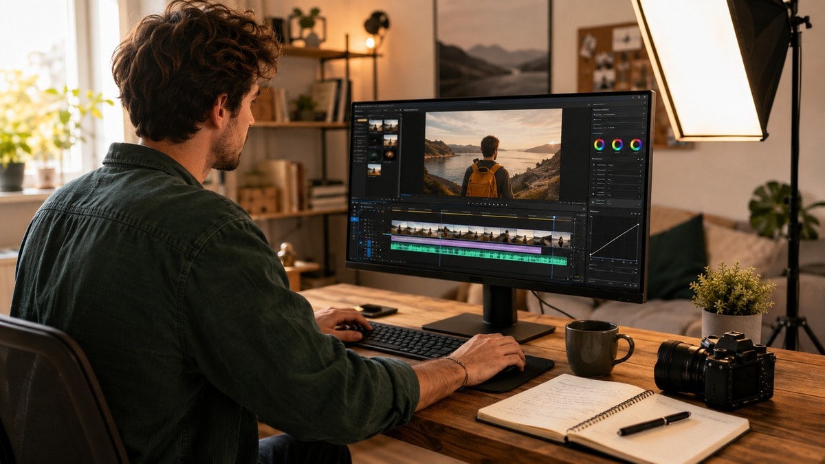 Videomaker in home studio che rifinisce un video presenter