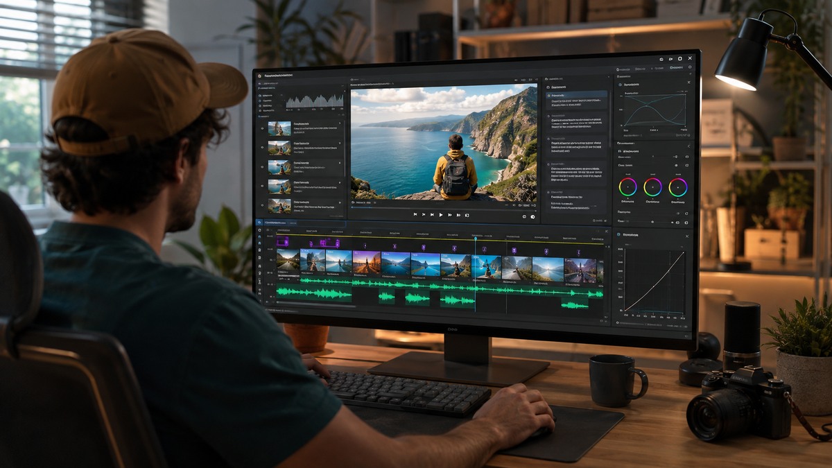 Studio creativo con timeline video e speaker AI