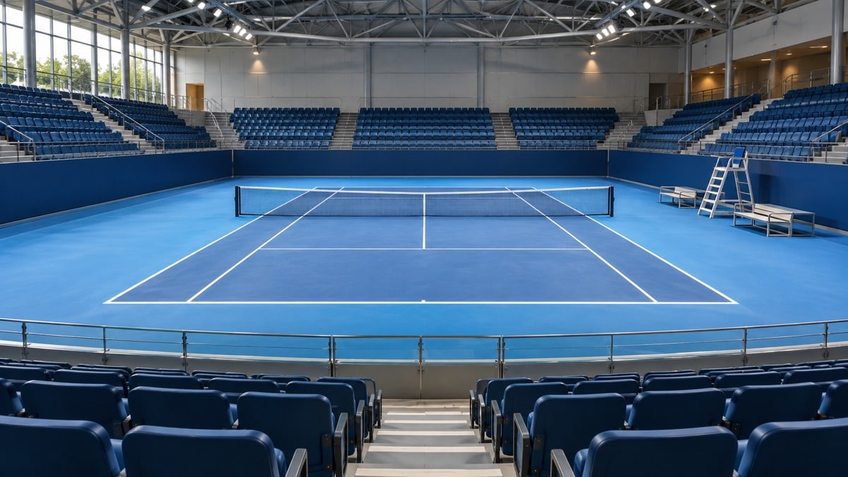 Campo da tennis al coperto visto dagli spalti in una scena illustrativa