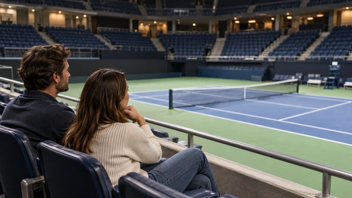 Due spettatori in una scena illustrativa di un’arena di tennis