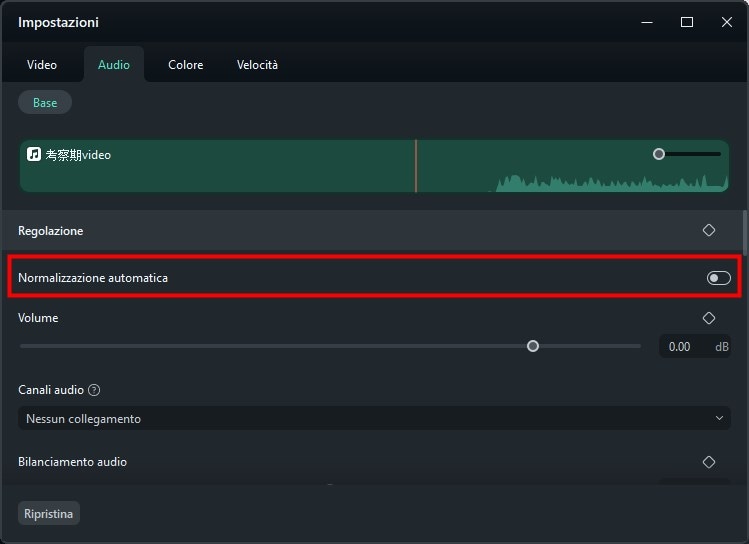normalizzare audio su Wondershare Filmora