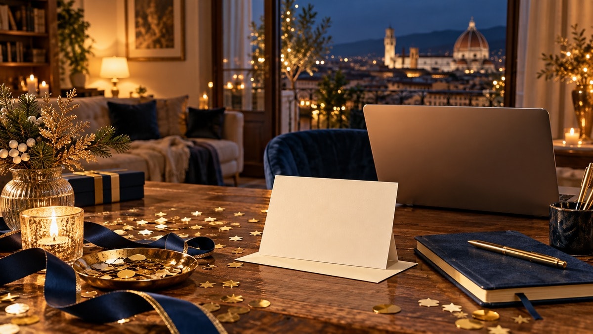 Scrivania con biglietto vuoto e decorazioni per gli auguri di Capodanno
