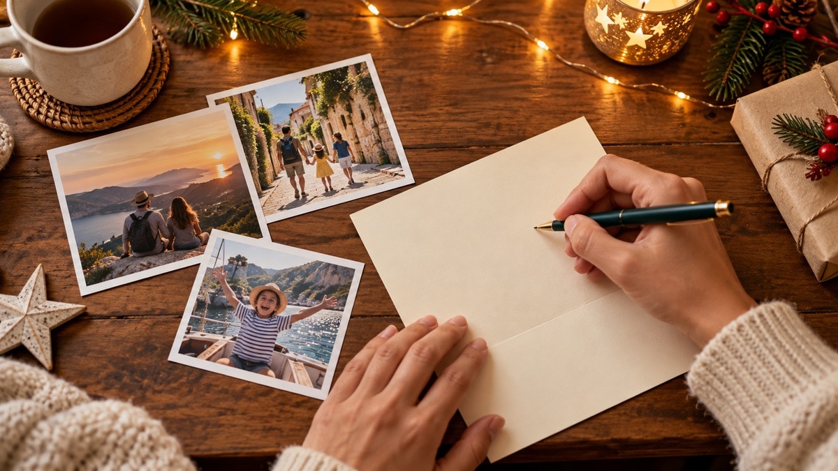 Persona che prepara una dedica accanto a fotografie e luci di Capodanno