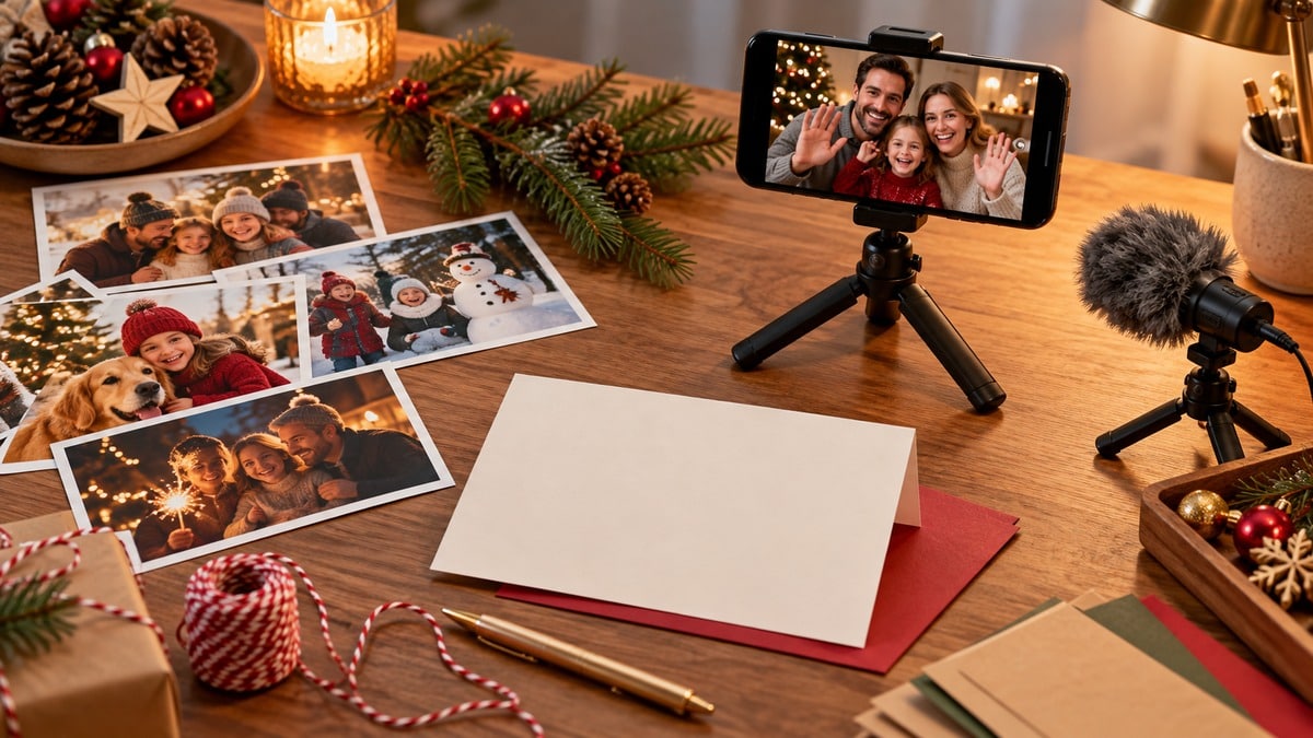 Tavolo creativo illustrato con fotografie, telefono su treppiede e biglietto natalizio
