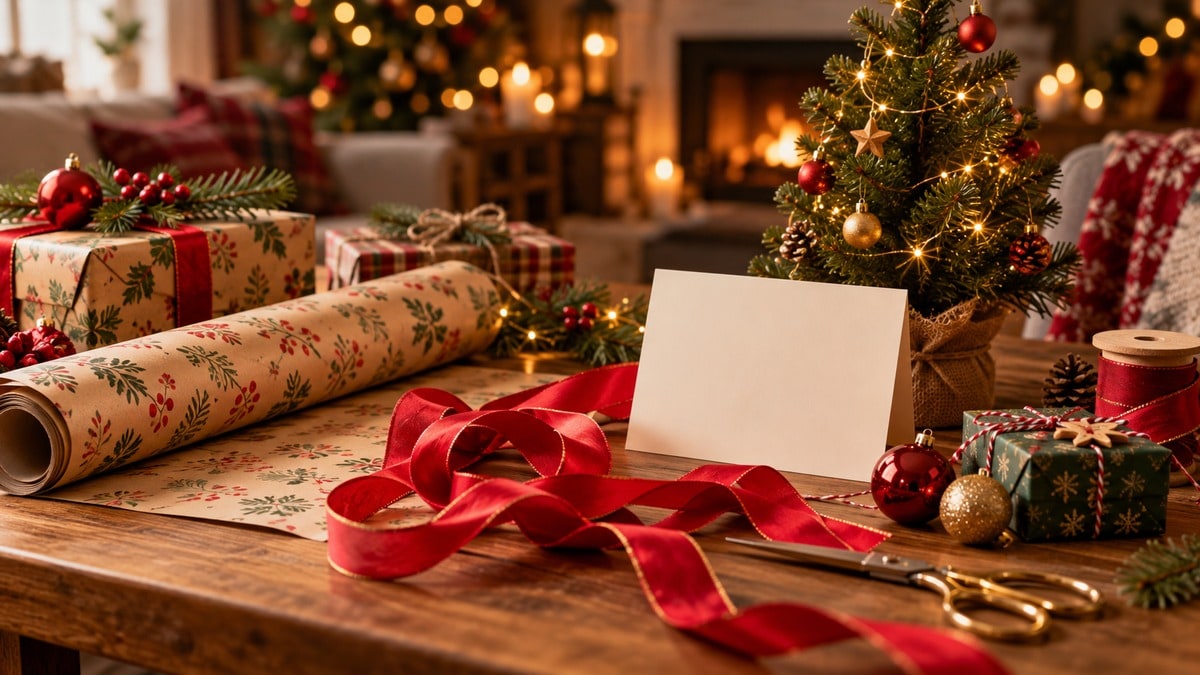 Carta regalo srotolata e nastro intrecciato accanto a un biglietto vuoto