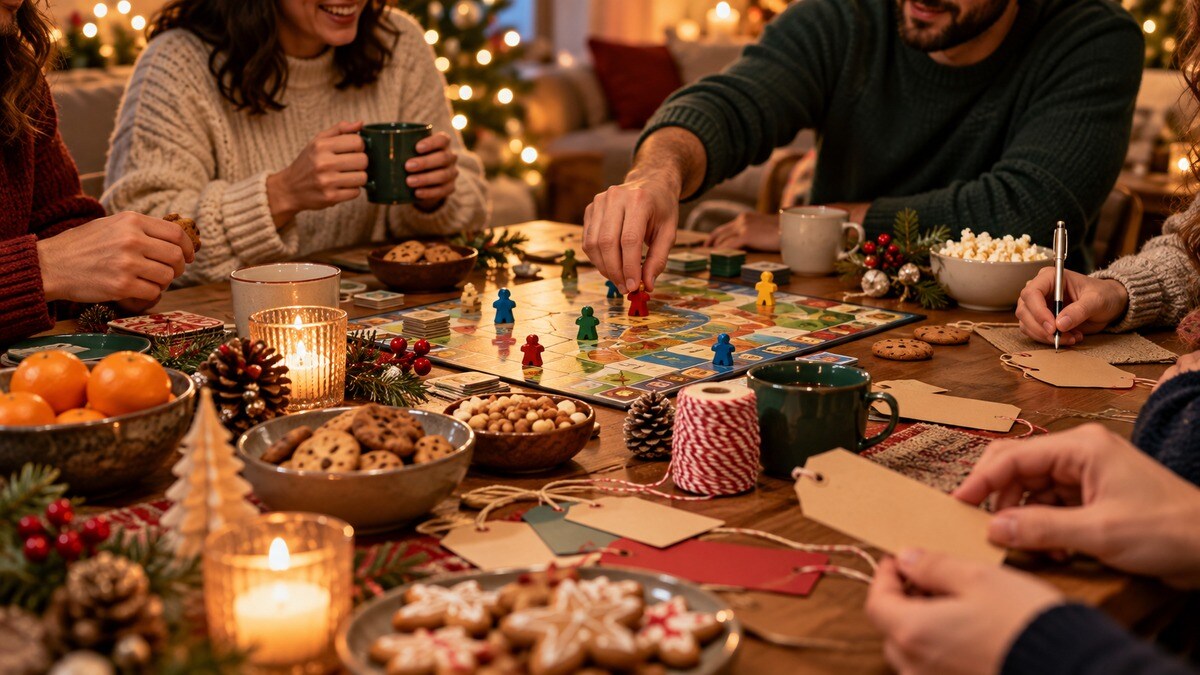 Tavolo per una serata tra amici con regali e giochi