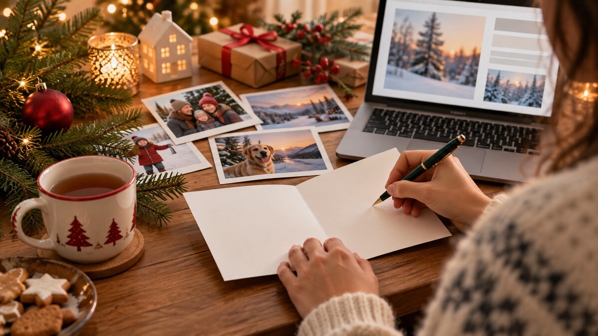 Scrivania con biglietto vuoto, fotografie e strumenti per una dedica personale