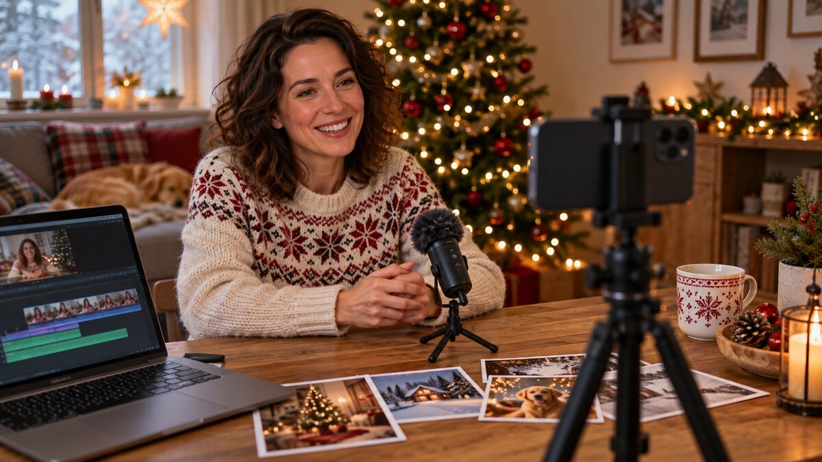 Registrazione domestica di un saluto natalizio con telefono e microfono