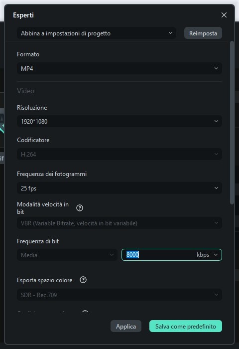 modificare il bitrate di video su filmora