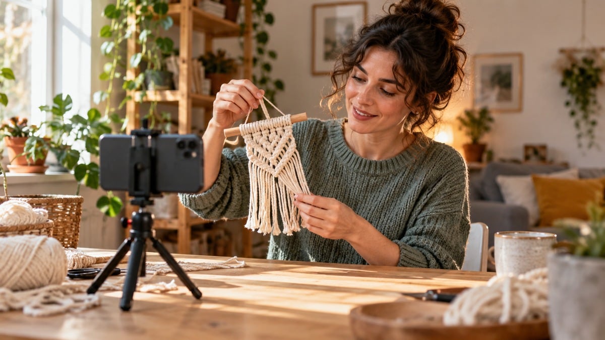 Smartphone su treppiede mentre registra un progetto artigianale