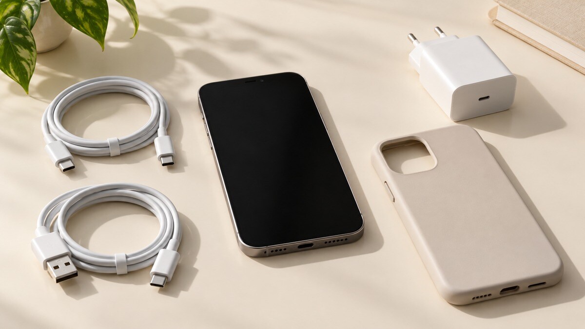 Telefono con cover, cavi e alimentatore per controllare la dotazione