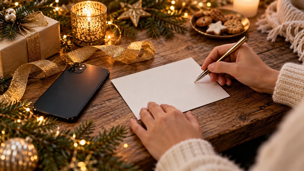 Telefono appoggiato a faccia in giù accanto a un biglietto di auguri e nastro dorato