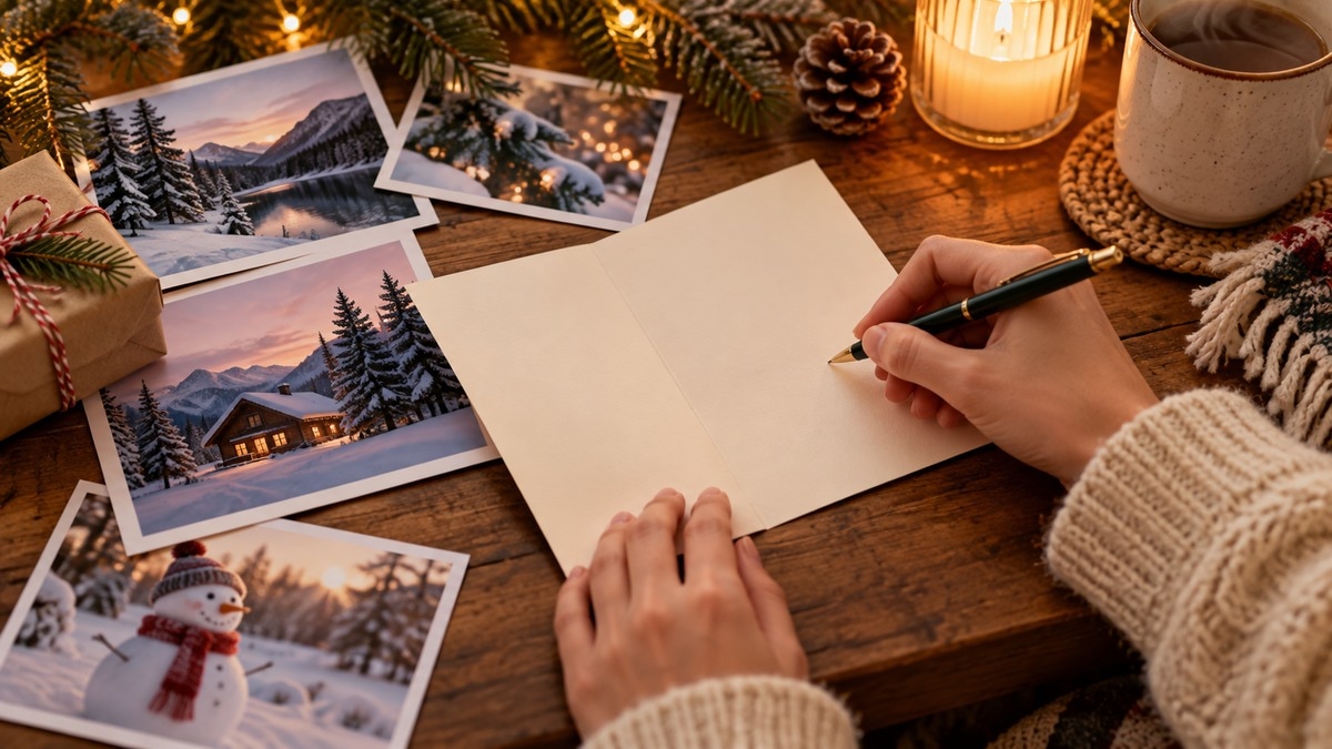Mani e biglietto bianco accanto a fotografie invernali