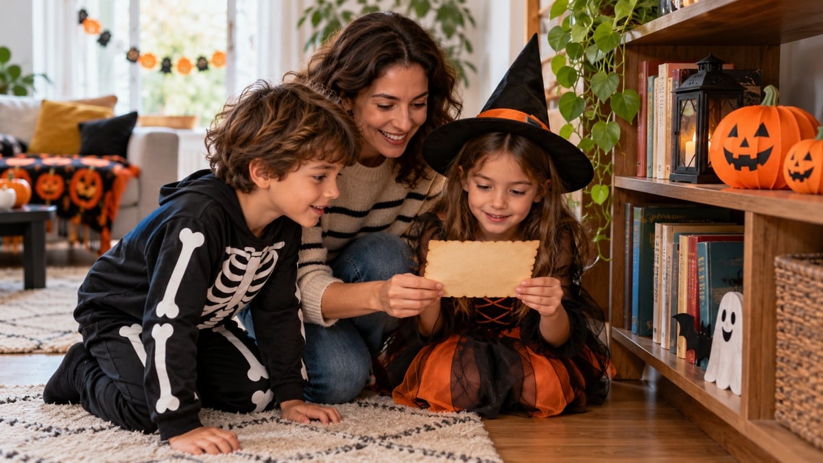 Un adulto accompagna due bambini nella lettura di un indizio