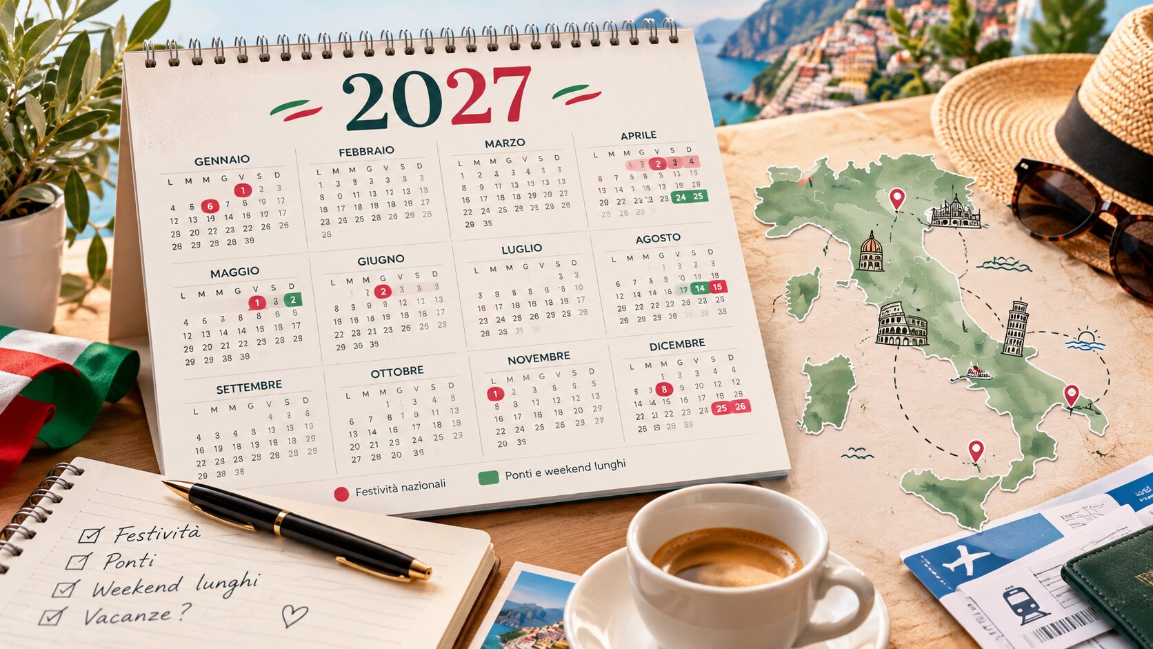 Calendario 2027 italiano con festività e ponti evidenziati