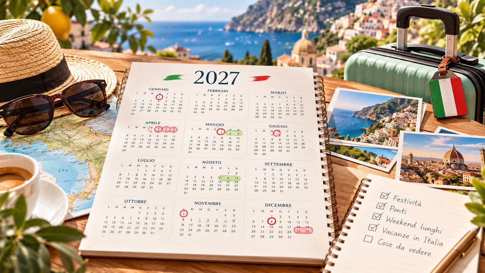 Planner di viaggio con ponti e ferie 2027 in Italia