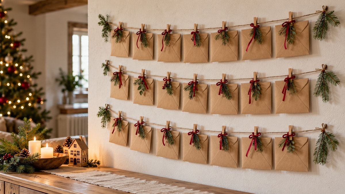 Calendario dell’Avvento artigianale con buste kraft e nastri rossi