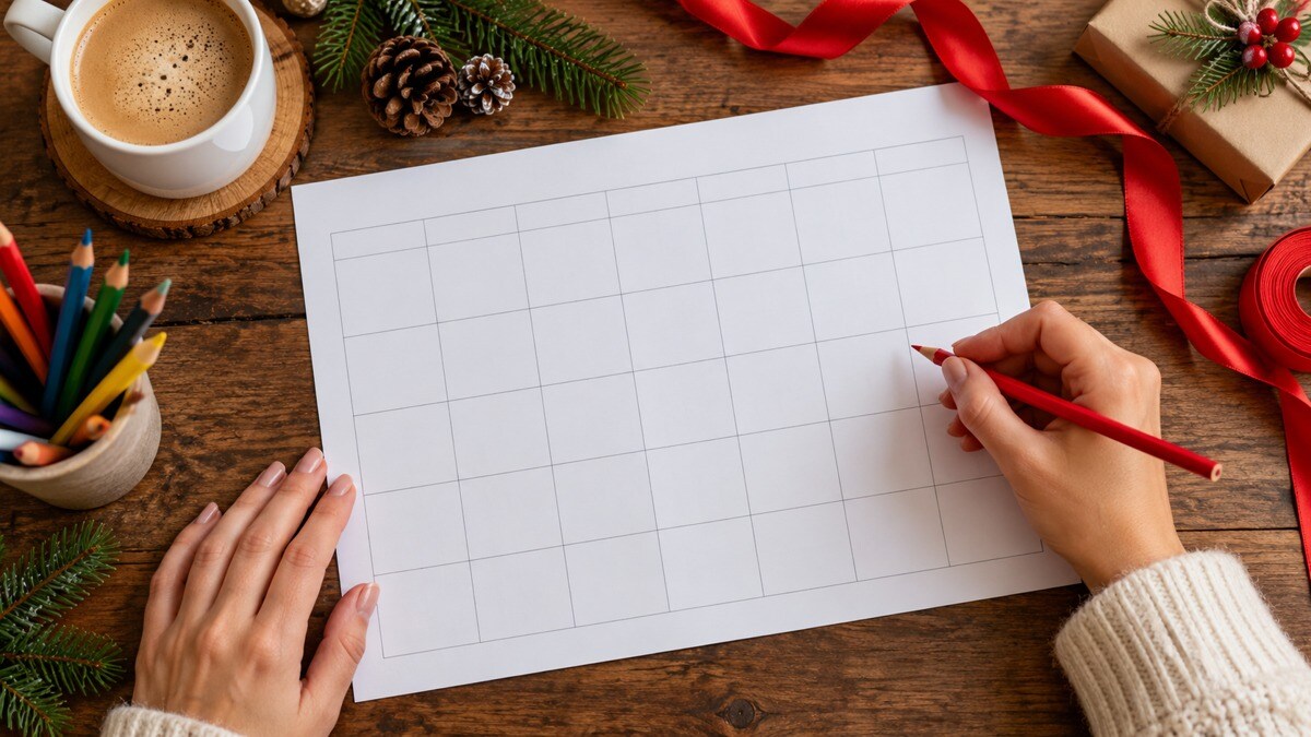 Scrivania per organizzare dicembre con planner vuoto e materiali creativi