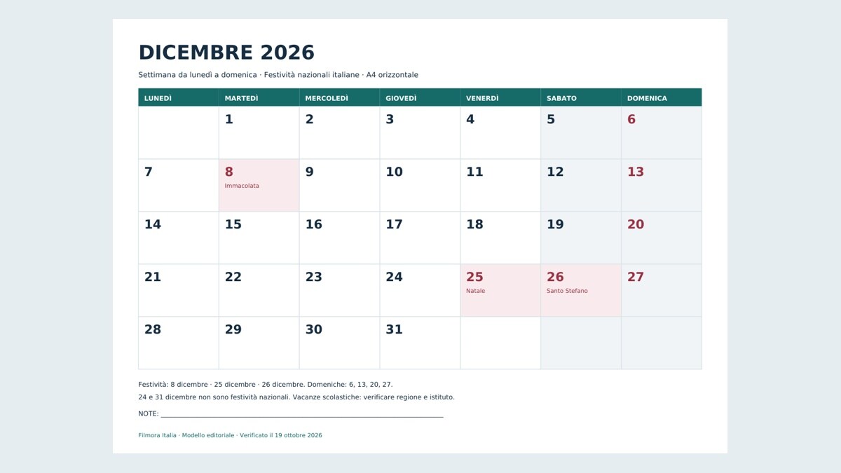Calendario reale di dicembre 2026 con festività italiane e settimana da lunedì