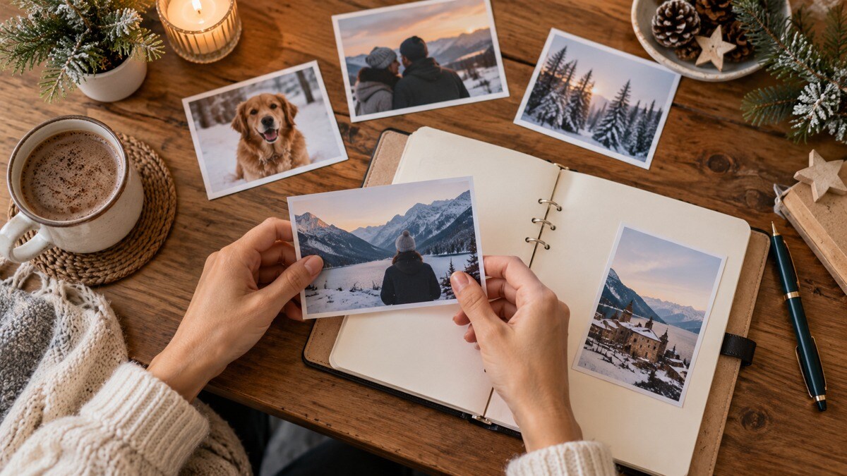 Mani che scelgono fotografie personali da affiancare a un planner