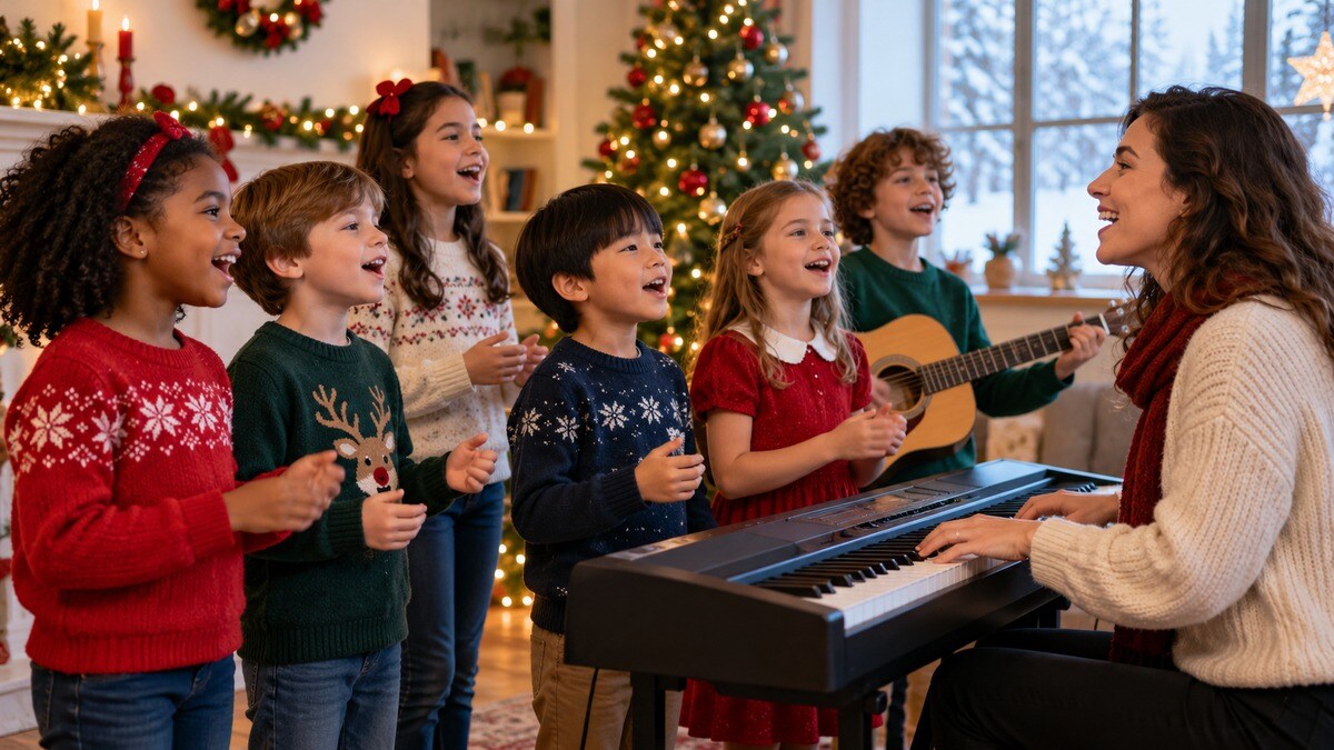 Piccolo gruppo di bambini prova un canto con un’insegnante