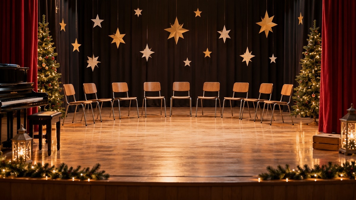 Palco scolastico semplice con stelle di carta e sedie disposte per una recita