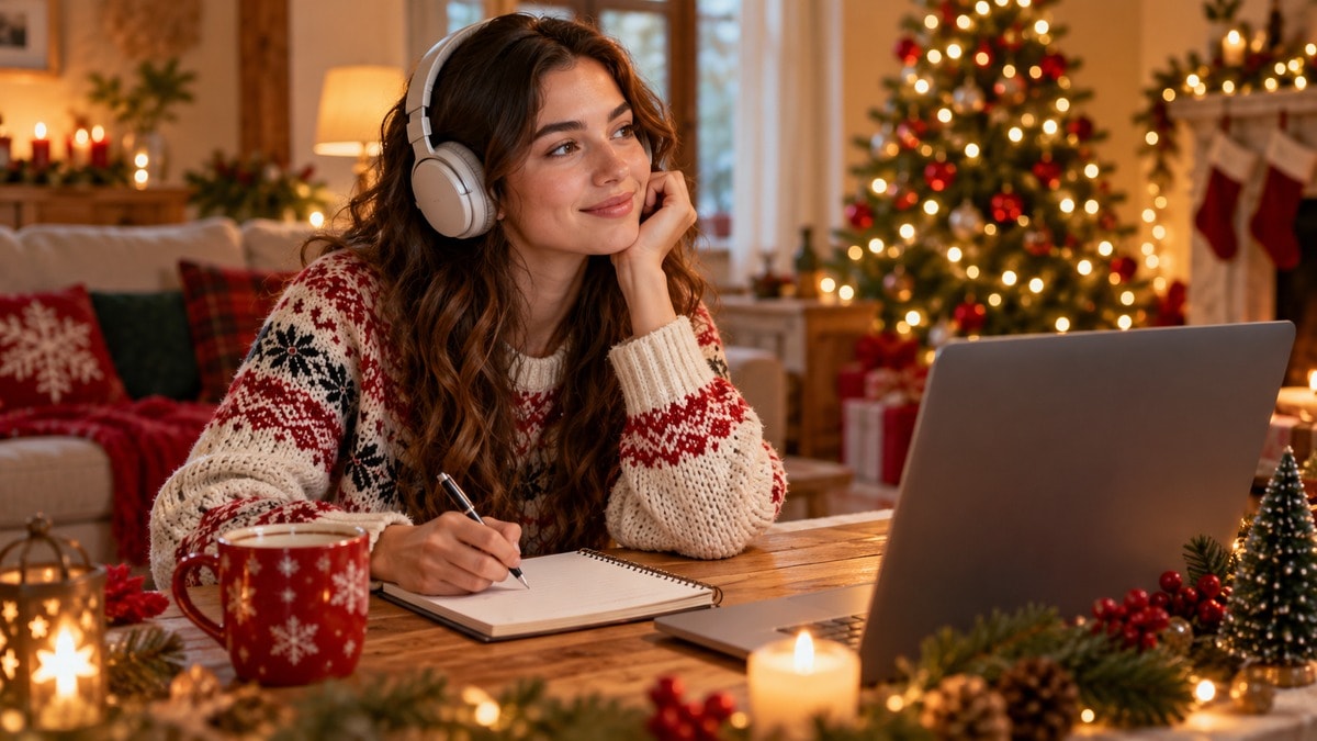 Postazione con cuffie e appunti per scegliere la musica di un video natalizio
