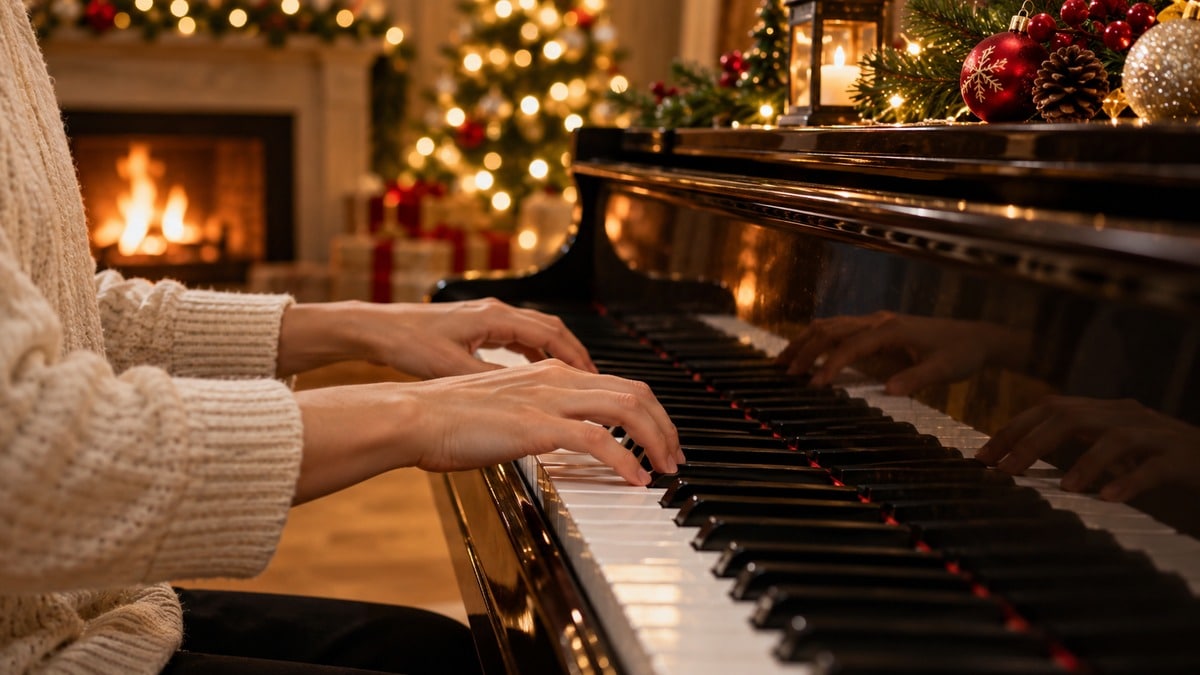 Mani al pianoforte accanto a decorazioni natalizie