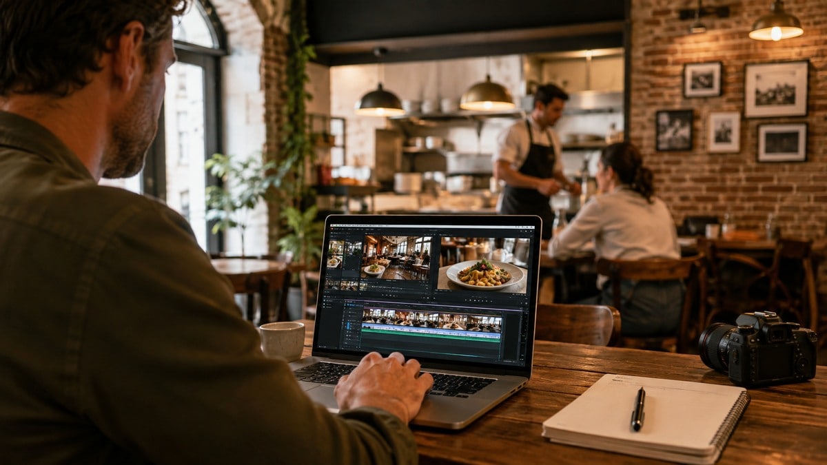 Creator che monta video social al laptop in un caffè