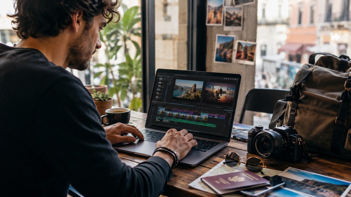 Workspace creativo con editing video e skyline