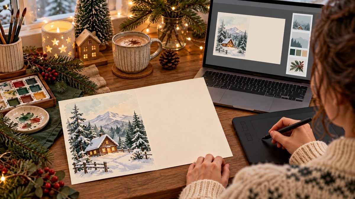 Postazione creativa con una cartolina natalizia illustrata e spazio vuoto per la dedica