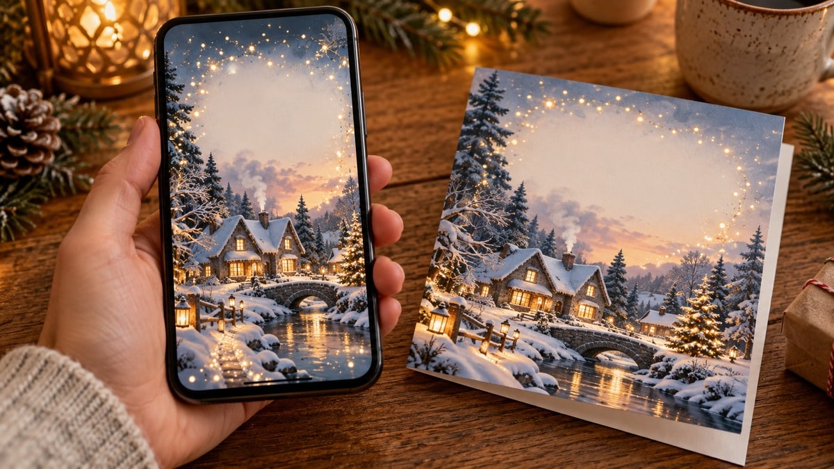 Telefono con una cartolina illustrata e un biglietto coordinato su un tavolo