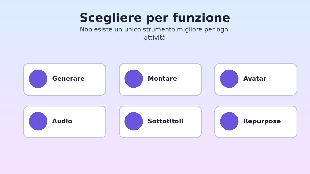 Categorie di strumenti AI video per generazione montaggio avatar audio e sottotitoli