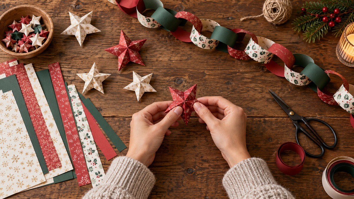 Mani che ritagliano stelle di carta e preparano una ghirlanda con un nastro