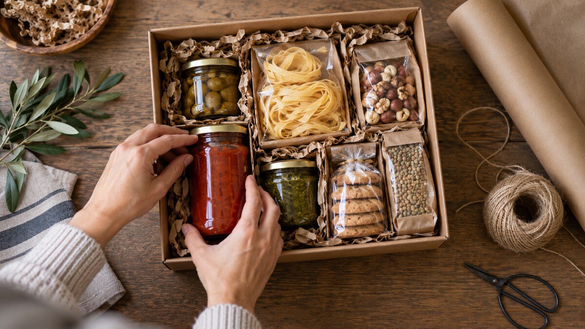 Preparazione di una scatola regalo con divisori e prodotti ben separati