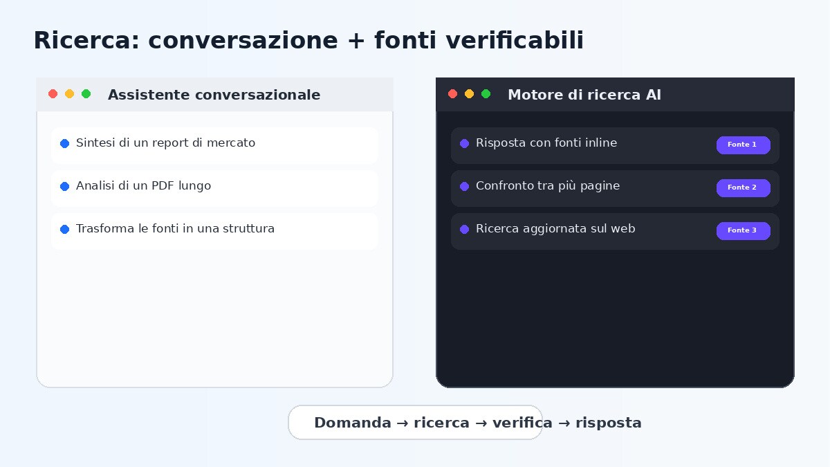 Confronto visuale tra ricerca conversazionale e ricerca AI con fonti