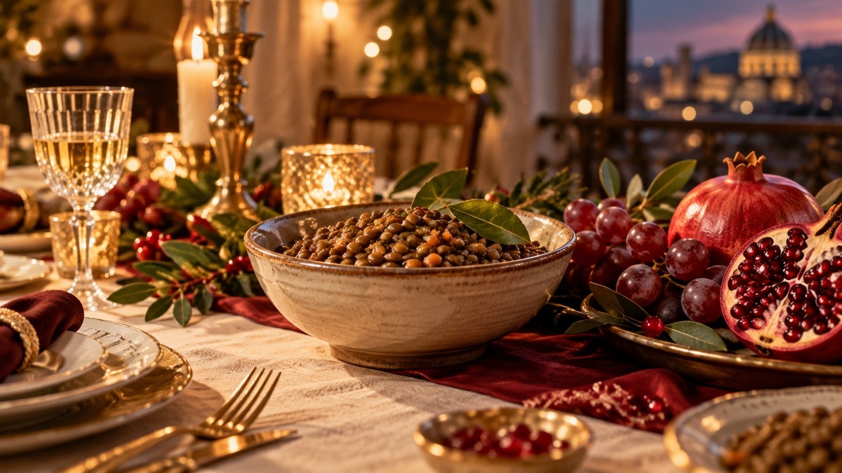 Lenticchie, melagrana e uva su una tavola italiana di Capodanno