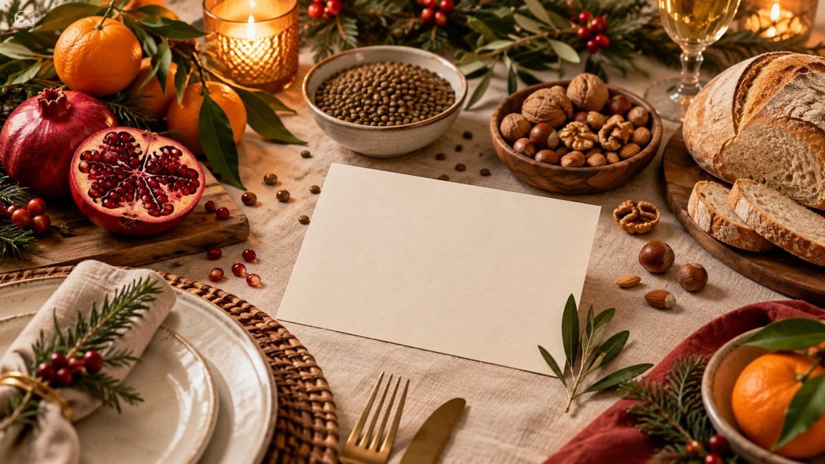 Lenticchie, frutta, noci e pane accanto a un cartoncino per pianificare il menu