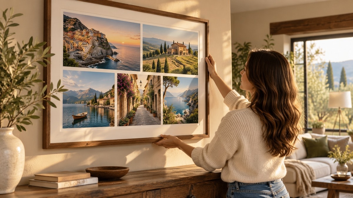 Collage di fotografie incorniciato su una parete di casa