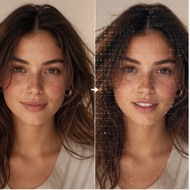 Collage realistico di diversi tipi di foto animate da AI, tra volto, prodotto e paesaggio
