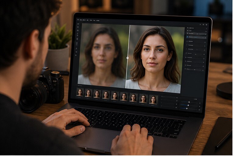 Foto poco nitida che viene migliorata con strumenti AI su workstation fotografica